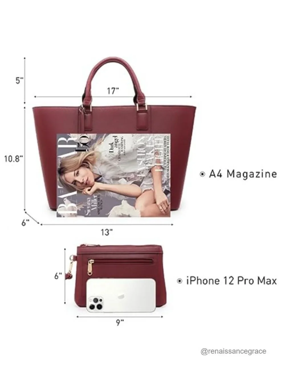 Vegan Leather Large Tote Bag with Matching Clutch and Tassel, Shoulder Purse